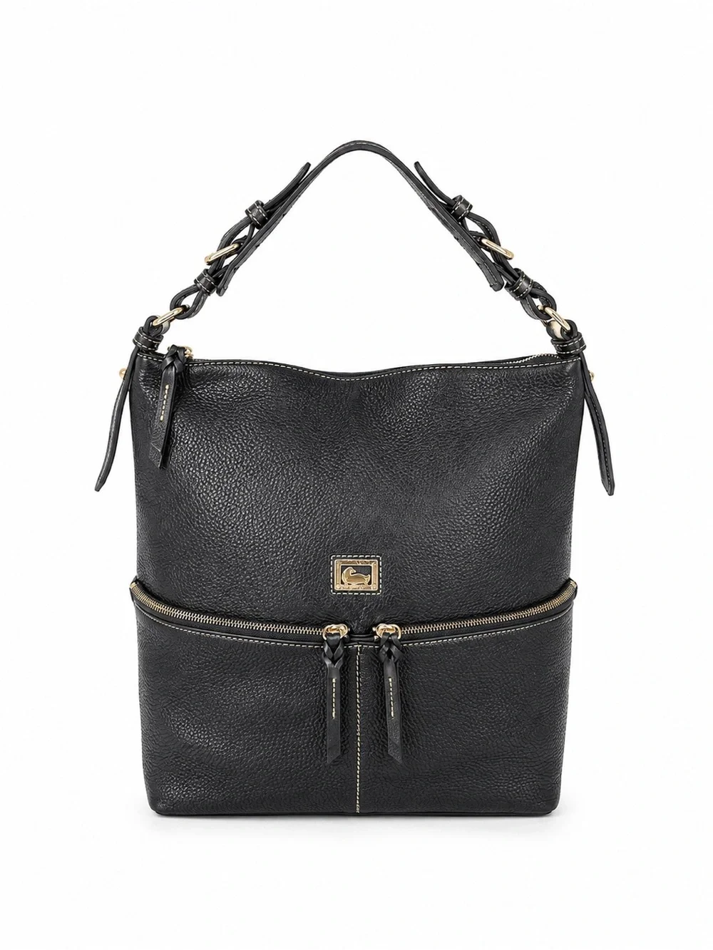 Dooney & Bourke Black Pebbled Leather Hobo Shoulder Bag Front Zip Pocket